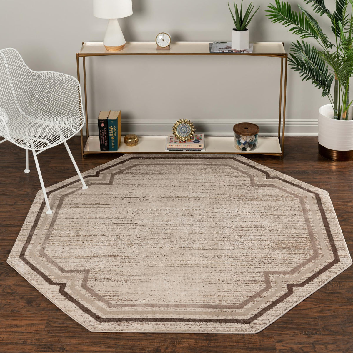 Serenity Sands Collection Area Rug -  Hushhaven Octagon Brown  lifestyle 38