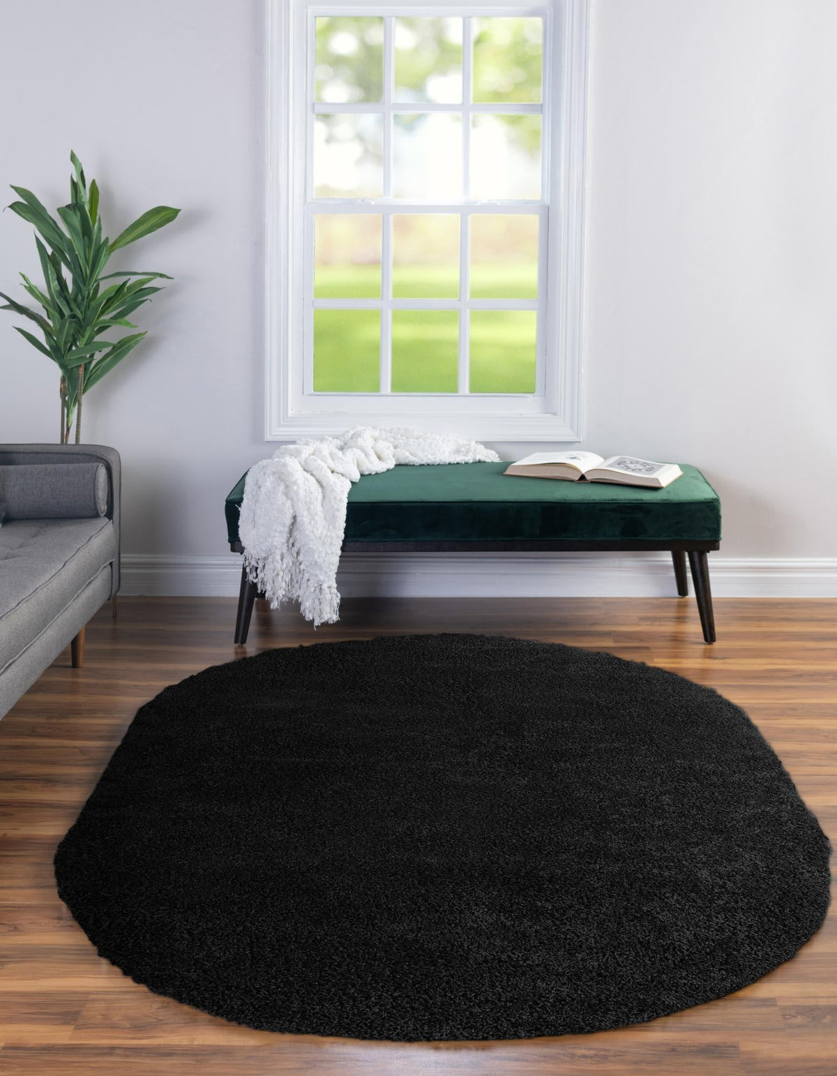 Cozy Comfort Shag Collection Area Rug - Hearthside (Black) Oval Black  lifestyle 40