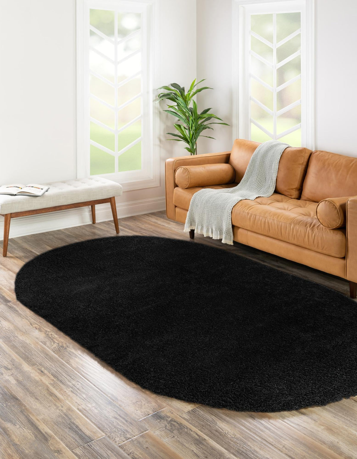 Cozy Comfort Shag Collection Area Rug - Hearthside (Black) Oval Black  lifestyle 41