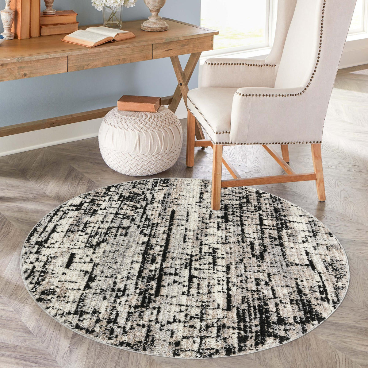 Santa Fe Trails Collection Area Rug -  Chaparral Round Gray  lifestyle 133