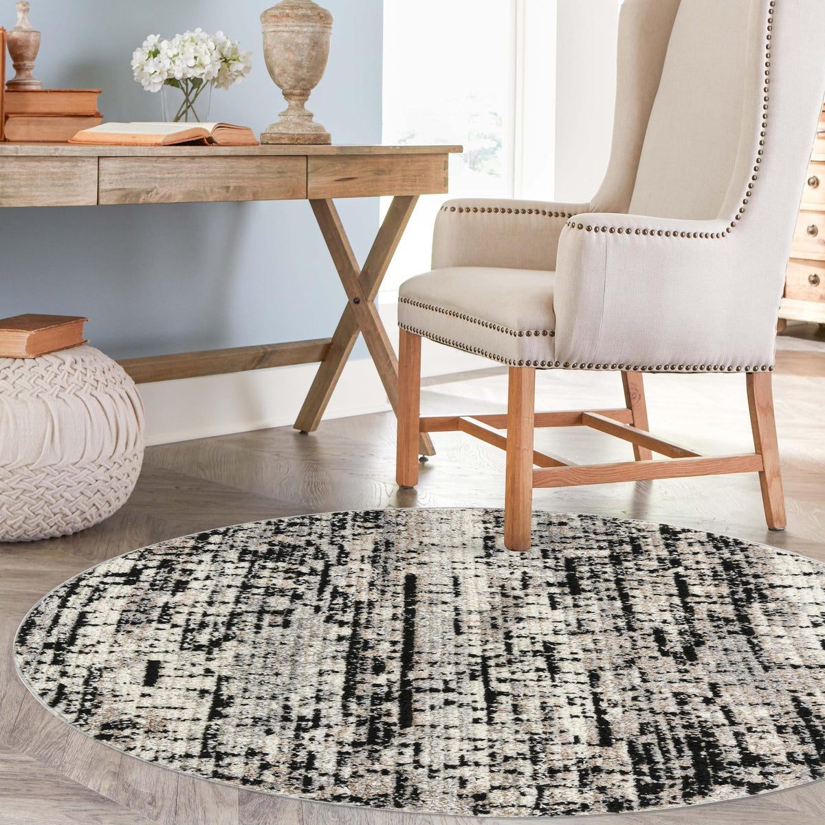 Santa Fe Trails Collection Area Rug -  Chaparral Round Gray  lifestyle 134
