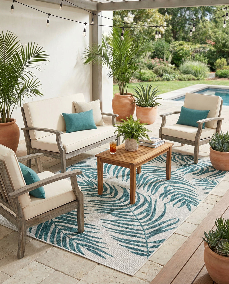 Seaside Blooms Collection Area Rug - Verdure (Teal Ivory) Rectangle Teal Ivory  lifestyle 3