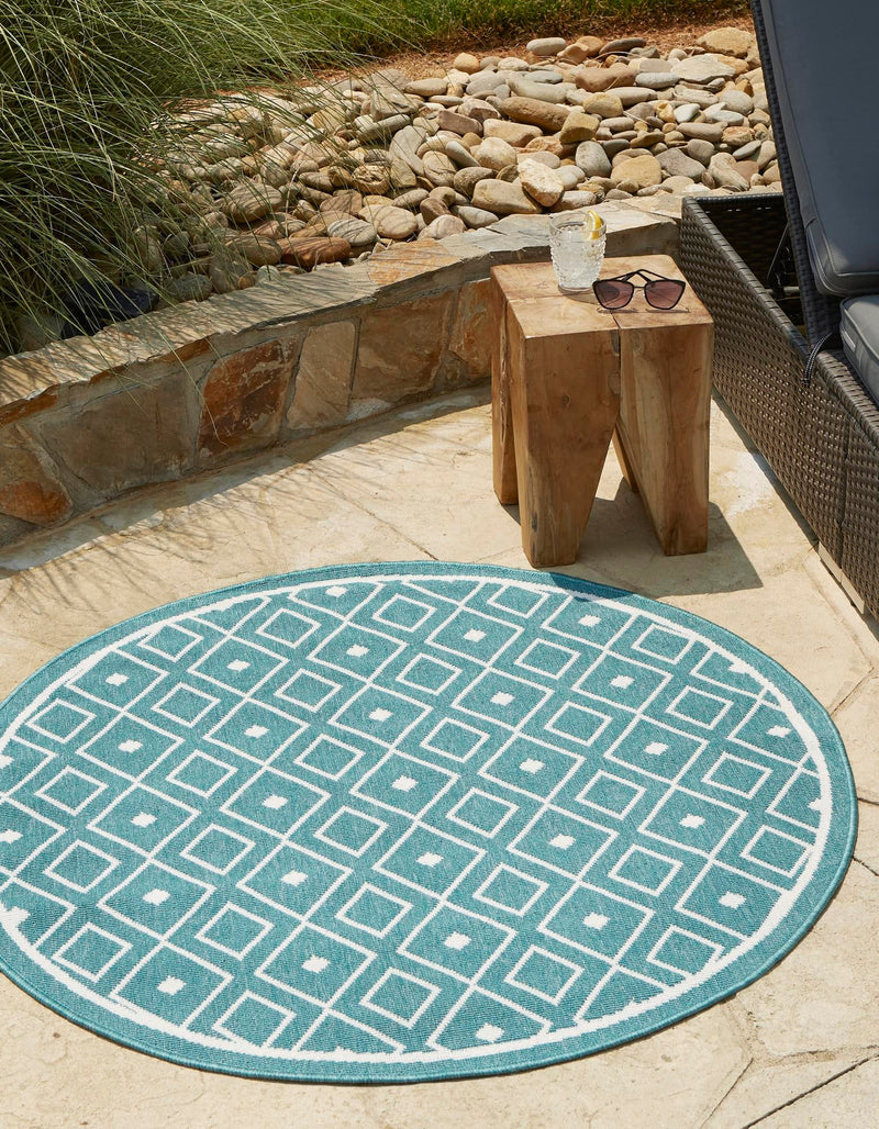 Seaside Lattice Collection Area Rug - Brighton Round Teal  lifestyle 75