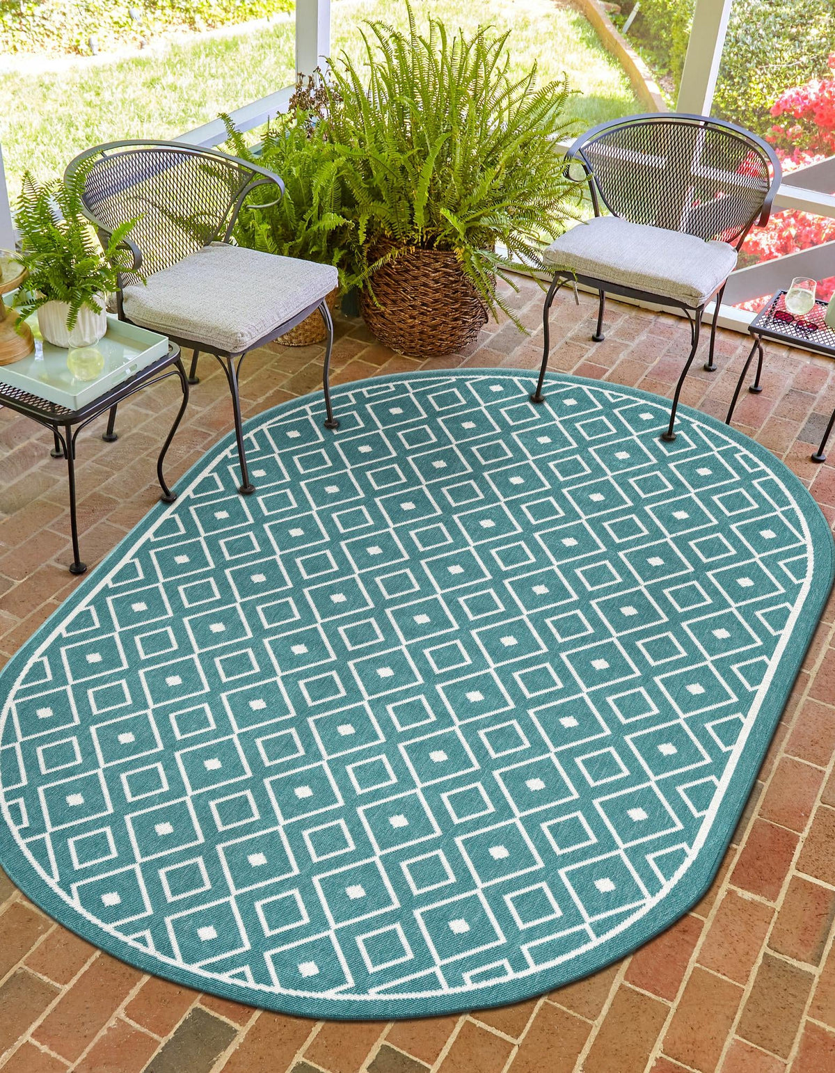 Seaside Lattice Collection Area Rug - Brighton Oval Teal  lifestyle 119