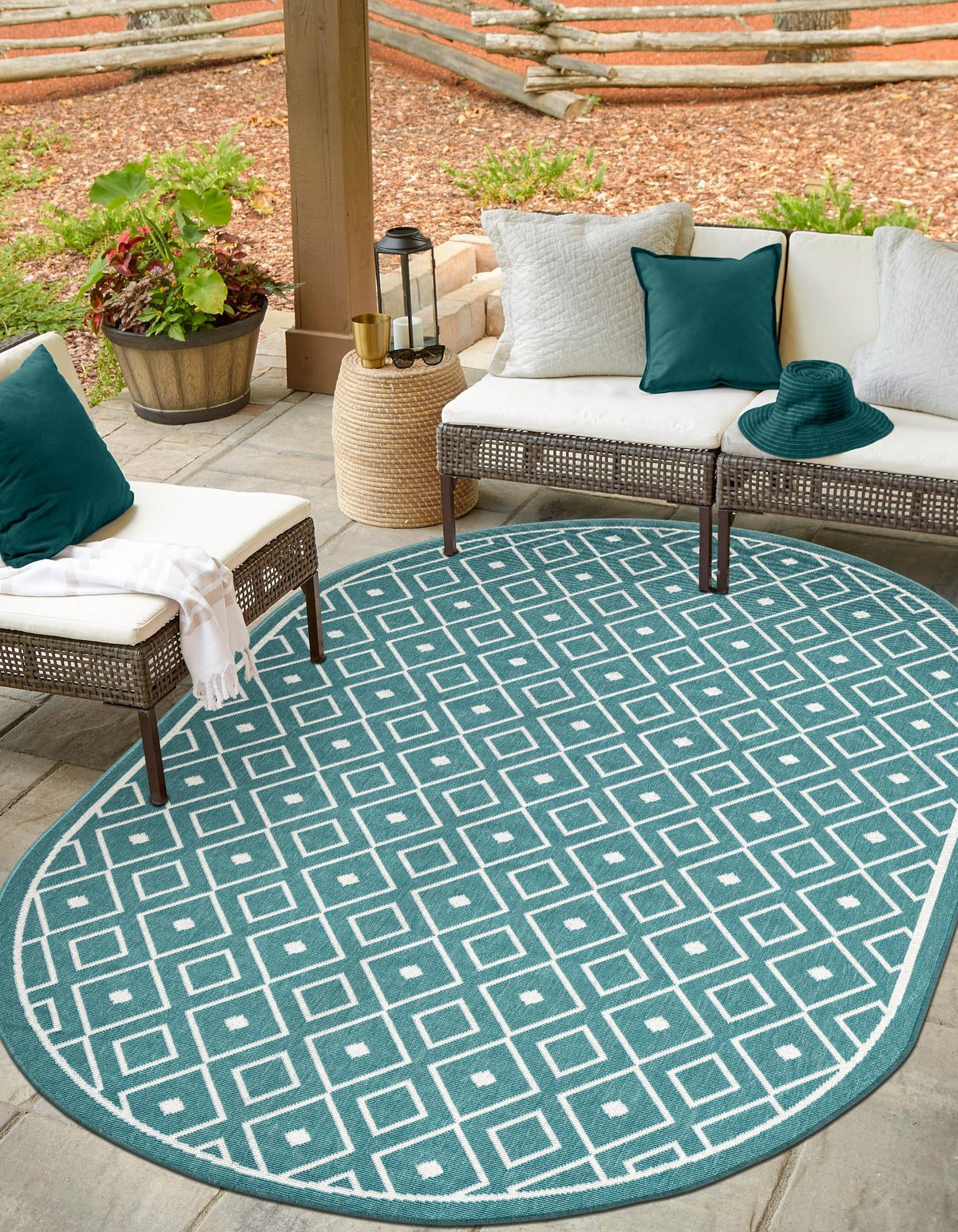 Seaside Lattice Collection Area Rug - Brighton Oval Teal  lifestyle 154