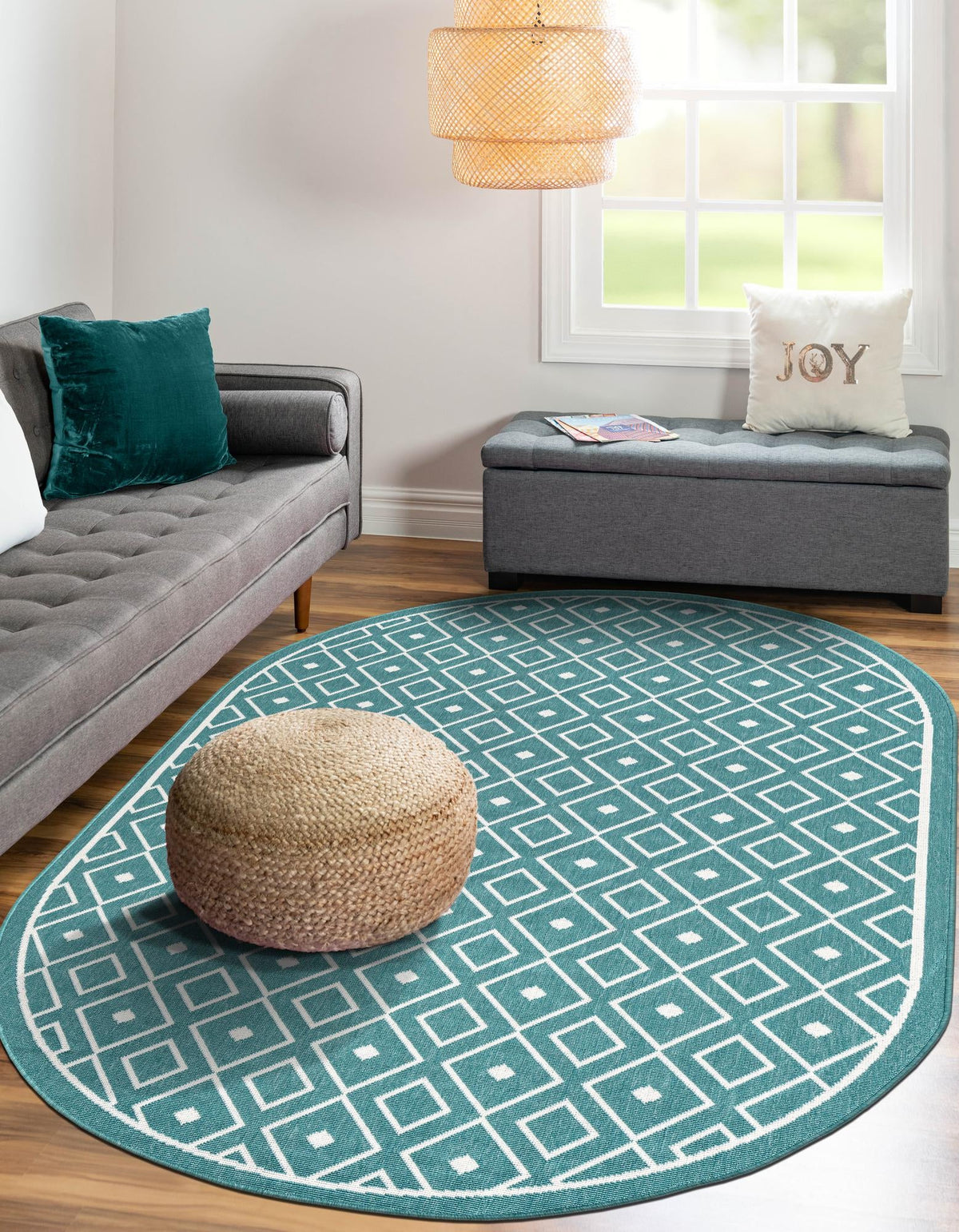Seaside Lattice Collection Area Rug - Brighton Oval Teal  lifestyle 171