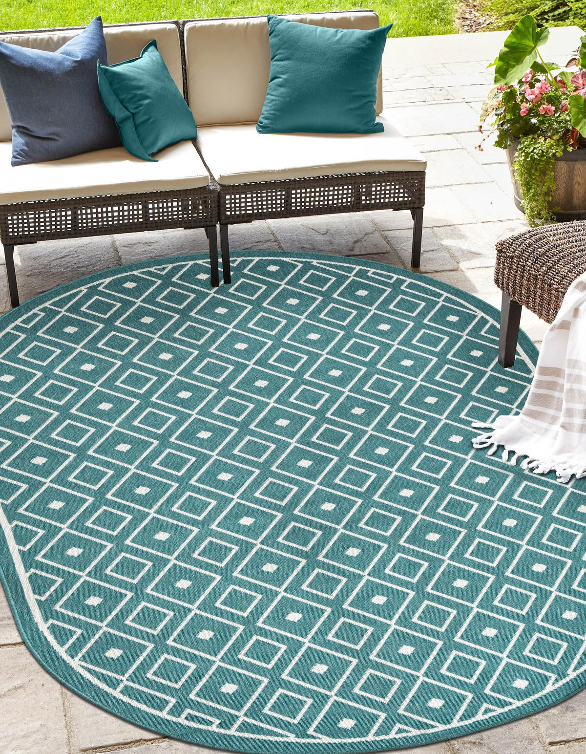 Seaside Lattice Collection Area Rug - Brighton Oval Teal  lifestyle 188