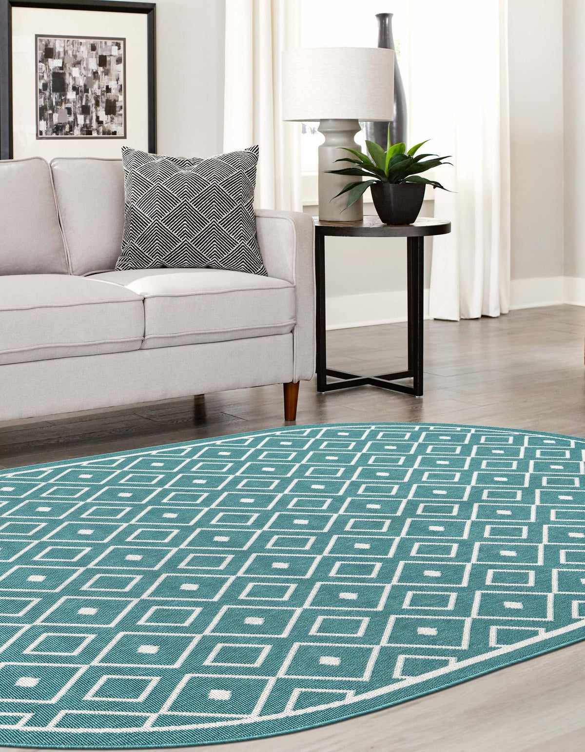 Seaside Lattice Collection Area Rug - Brighton Oval Teal  lifestyle 205