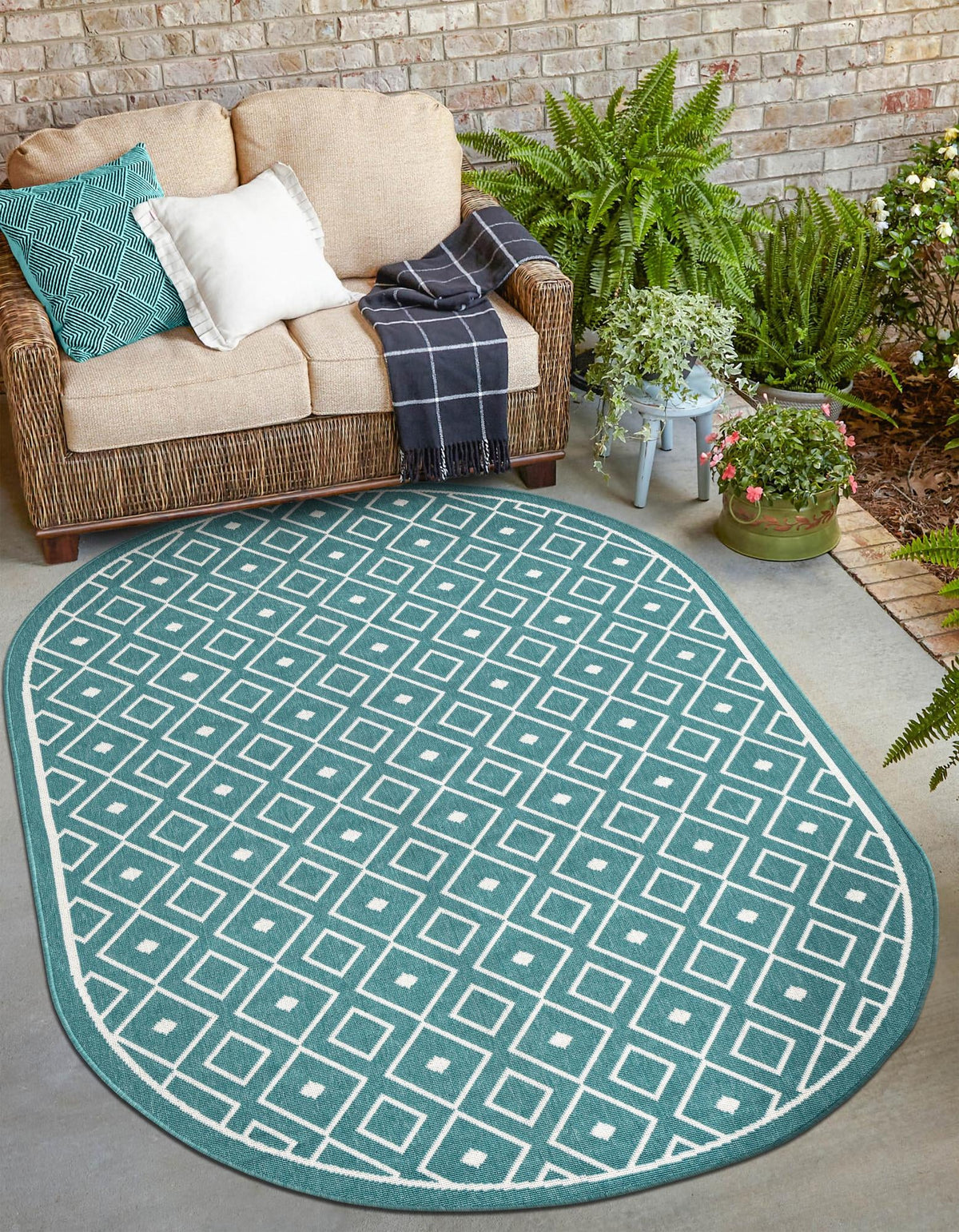Seaside Lattice Collection Area Rug - Brighton Oval Teal  lifestyle 222
