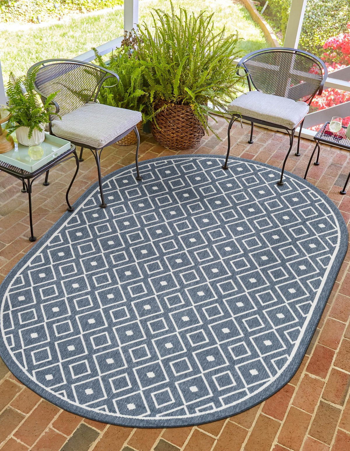 Seaside Lattice Collection Area Rug - Brighton Oval Navy Blue  lifestyle 126