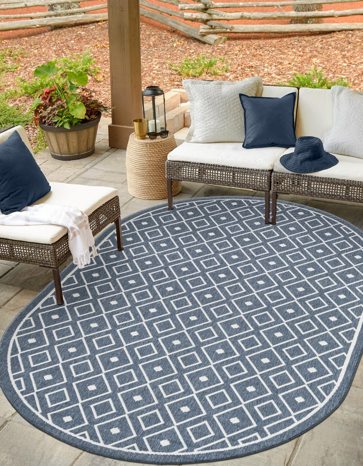Seaside Lattice Collection Area Rug - Brighton Oval Navy Blue  lifestyle 160