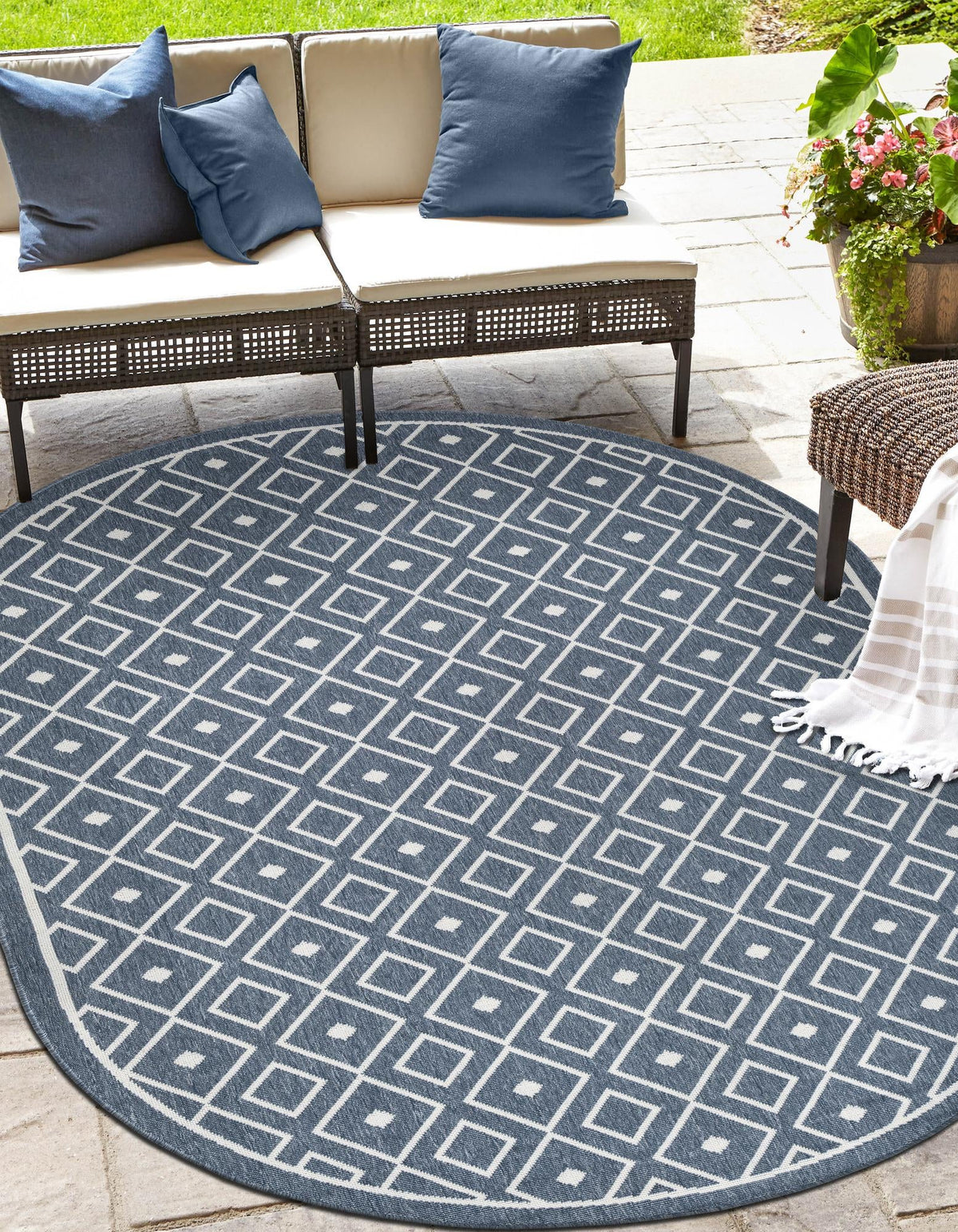 Seaside Lattice Collection Area Rug - Brighton Oval Navy Blue  lifestyle 194