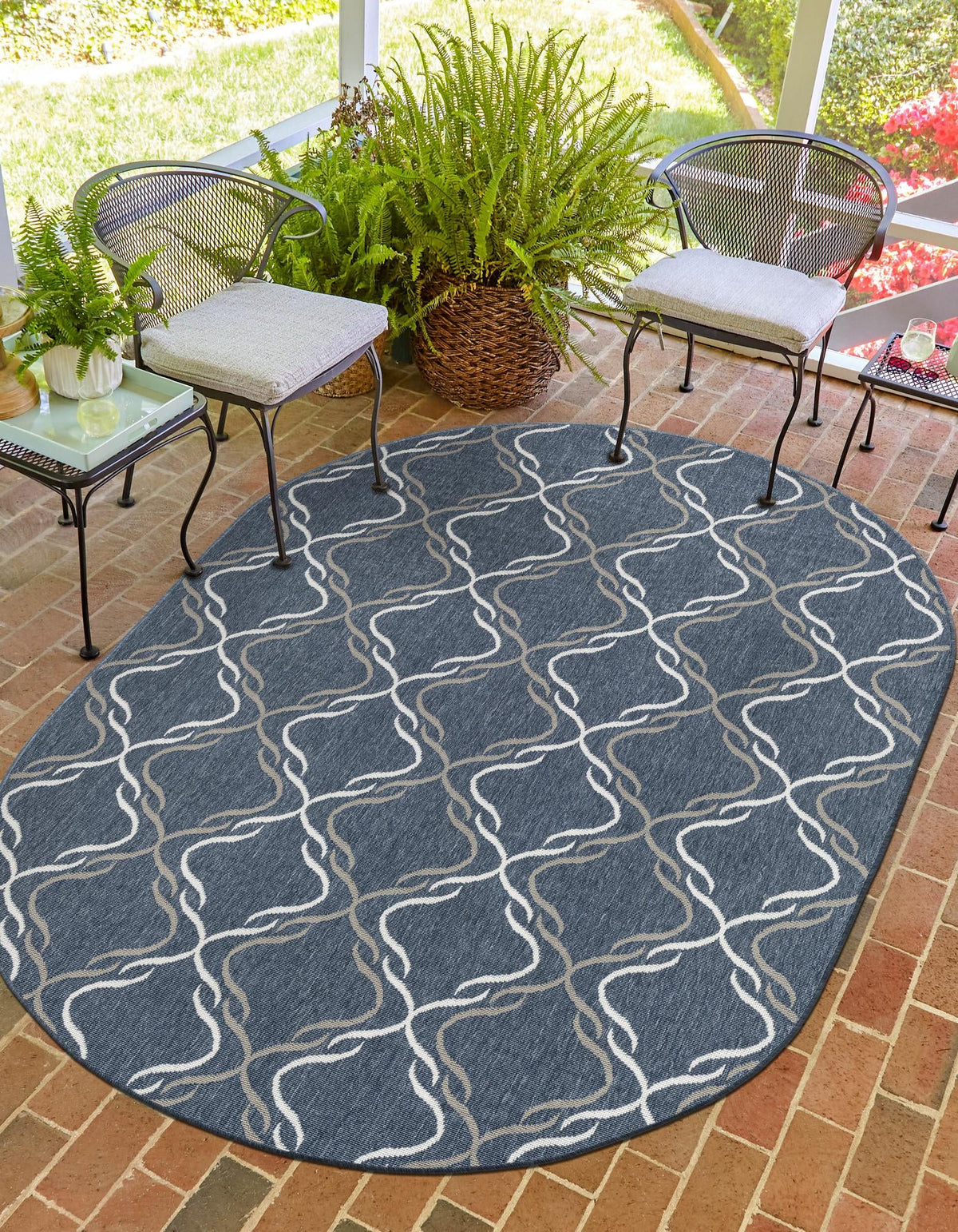 Seaside Lattice Collection Area Rug -  Hastings Oval Navy Blue  lifestyle 69