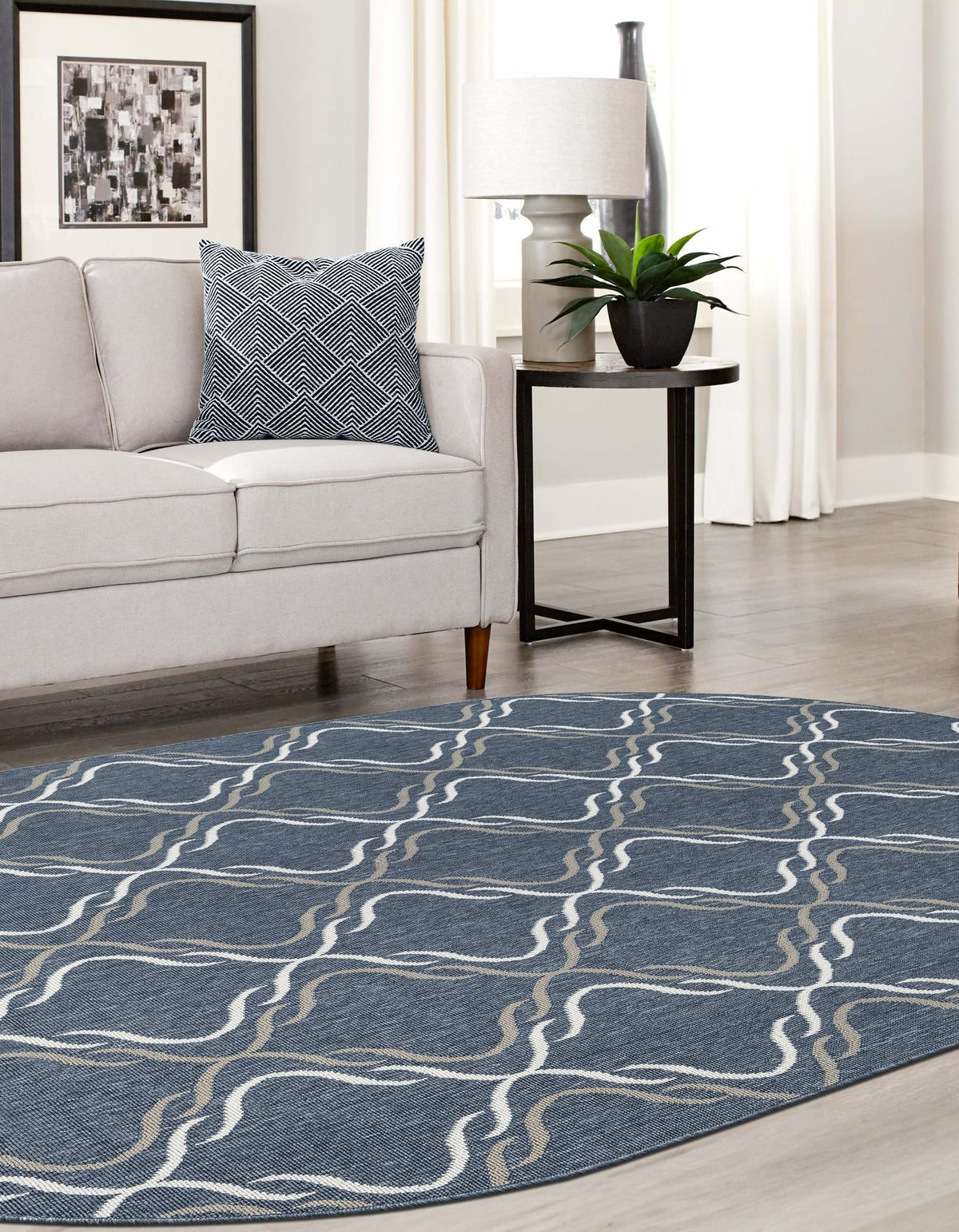 Seaside Lattice Collection Area Rug -  Hastings Oval Navy Blue  lifestyle 125