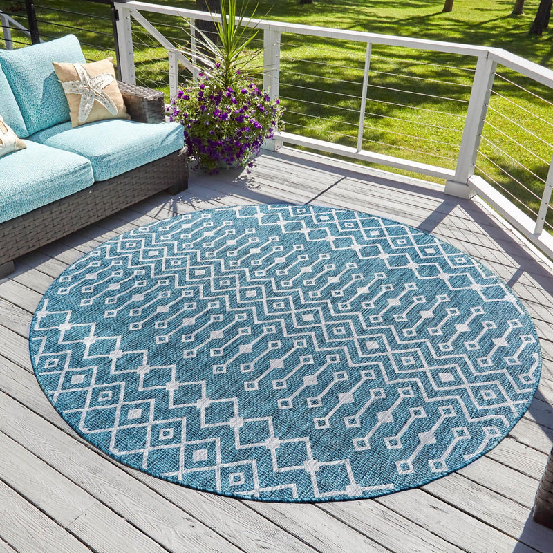 Garden Lattice Oasis Collection Area Rug -  Pergola (Teal) Round Teal  lifestyle 19