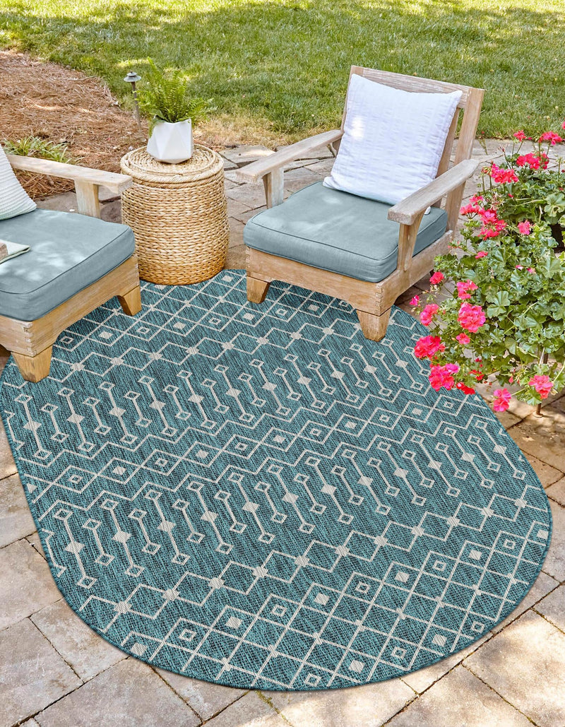 Garden Lattice Oasis Collection Area Rug -  Pergola (Teal) Oval Teal  lifestyle 48