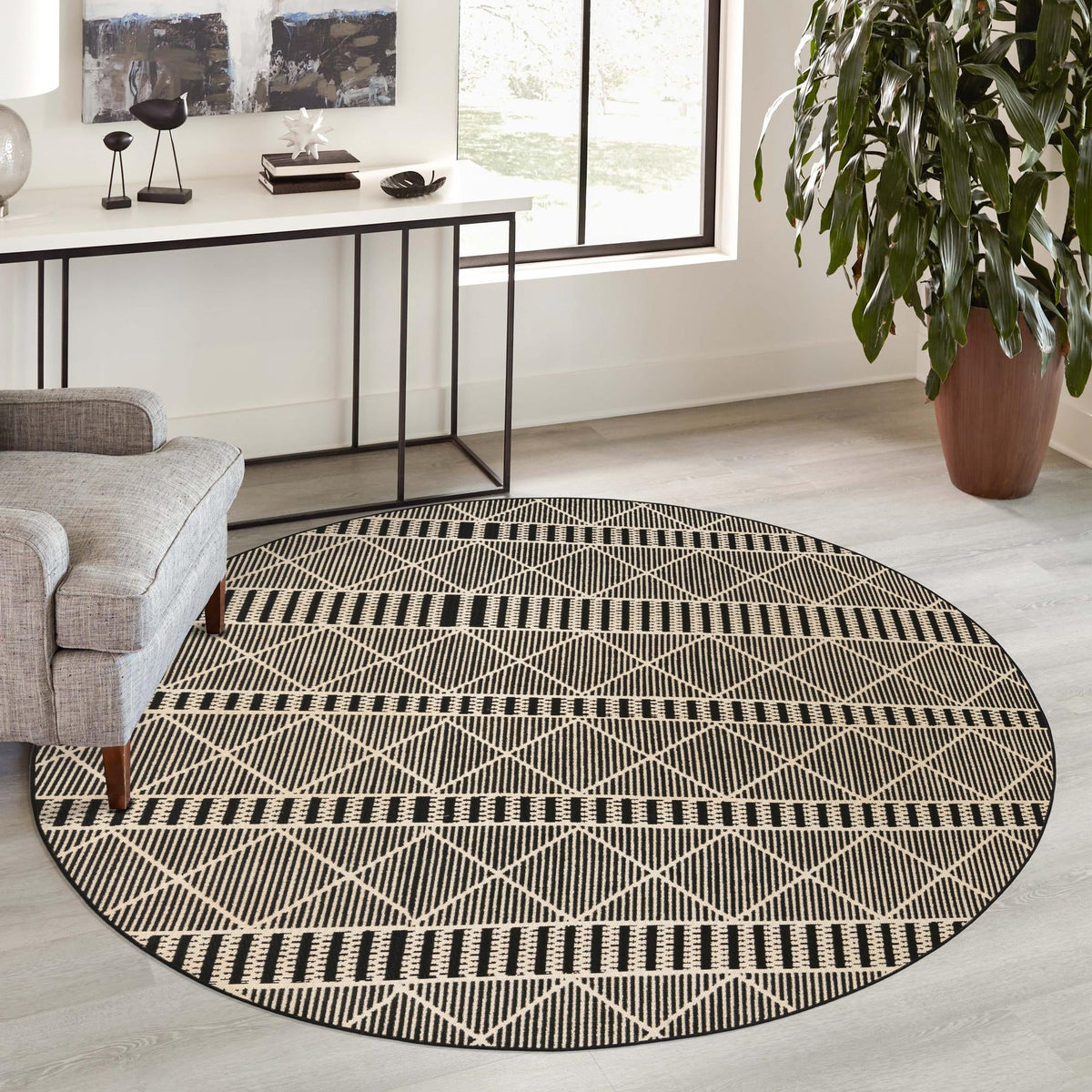 Seaside Lattice Collection Area Rug -  Glade Round Black  lifestyle 194