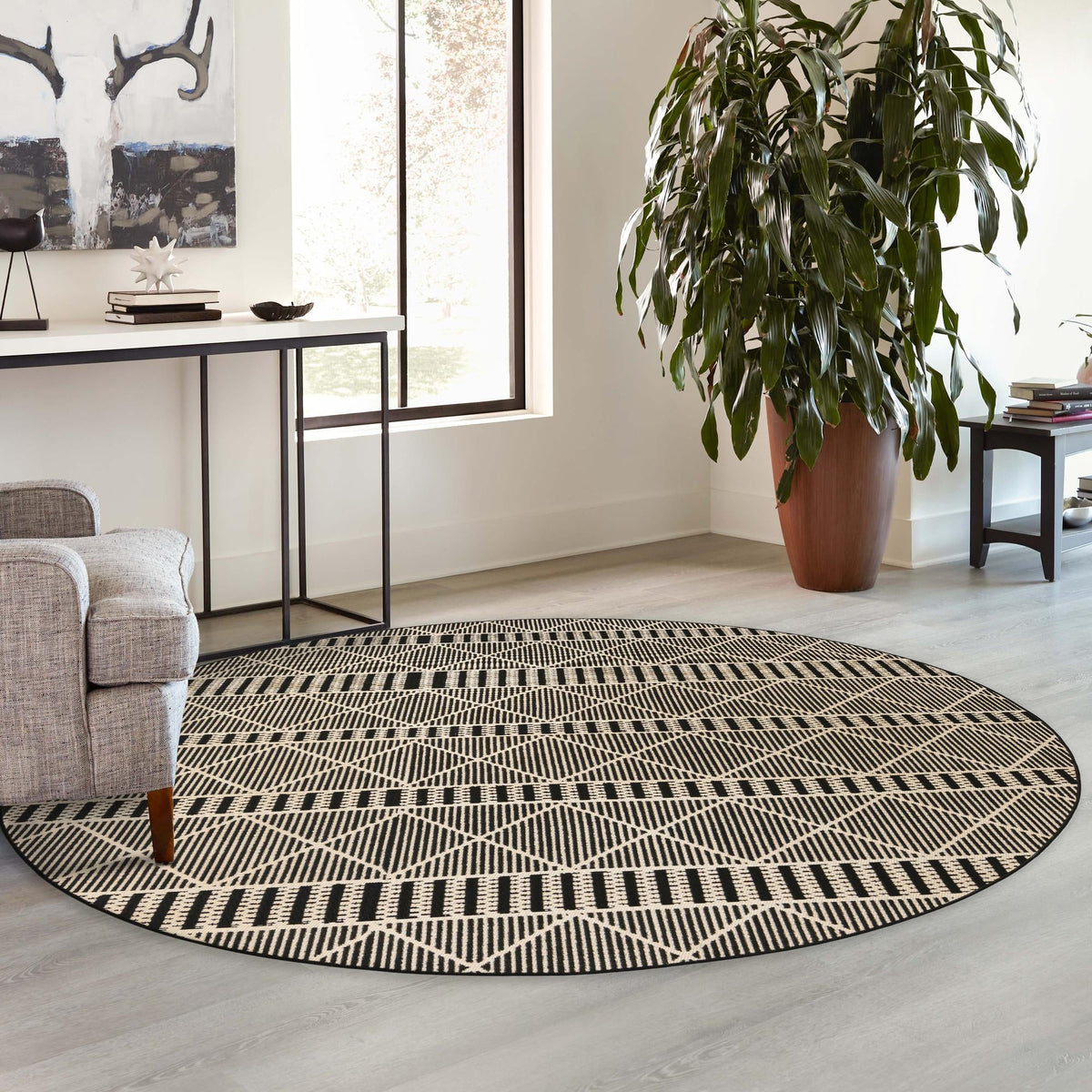 Seaside Lattice Collection Area Rug -  Glade Round Black  lifestyle 205