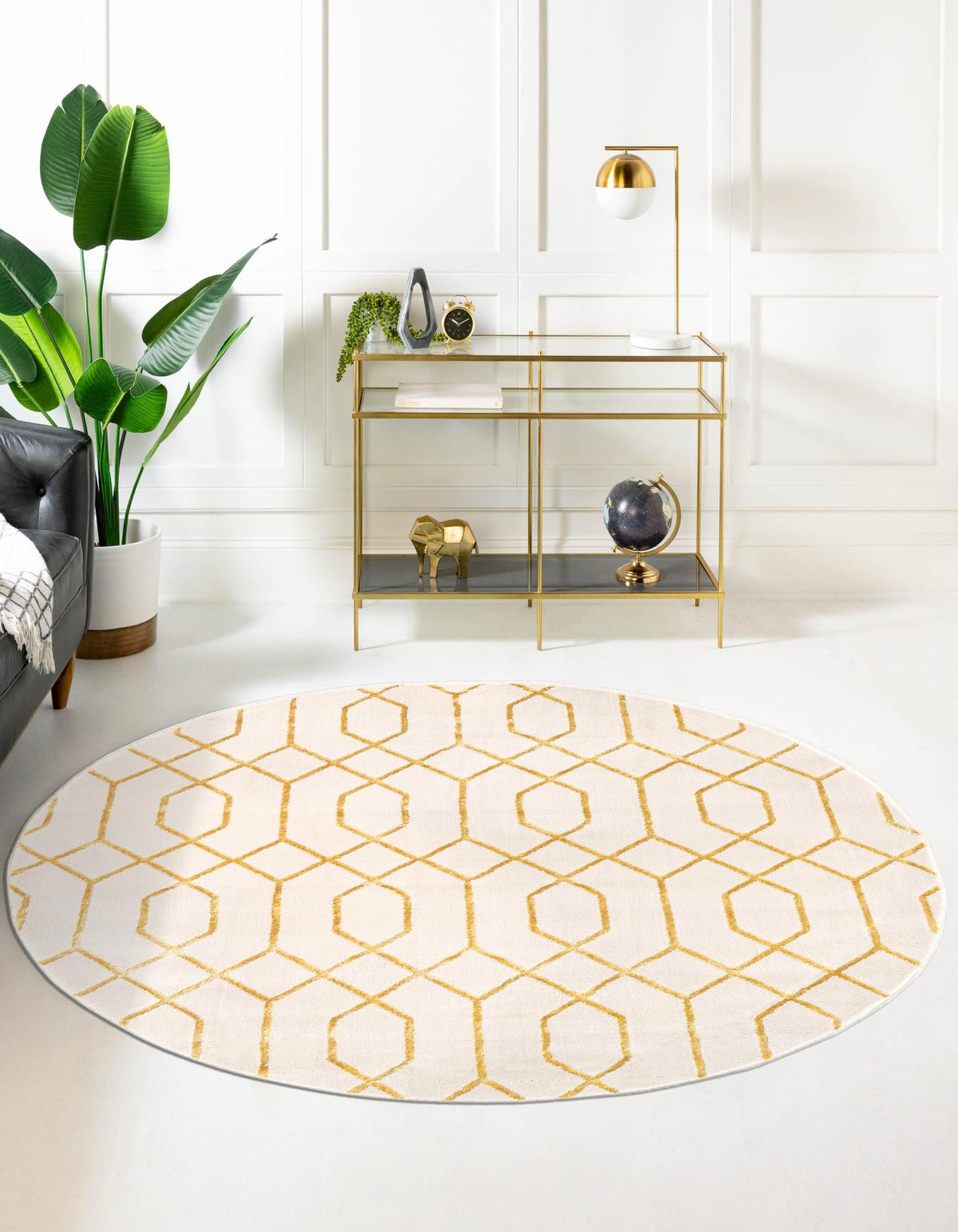Hollywood Luxe Collection Area Rug - Sunset Round White and Gold  lifestyle 156