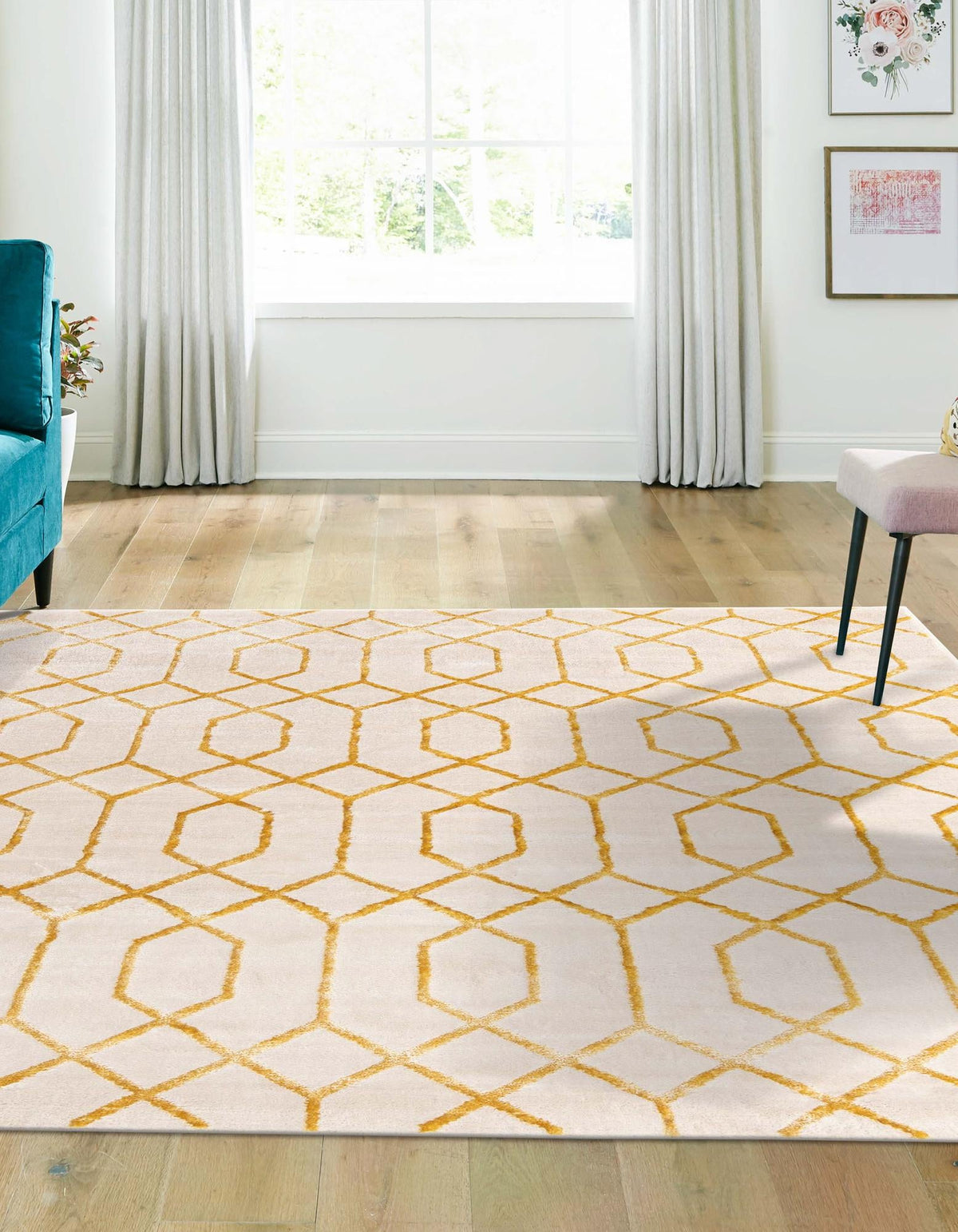 Hollywood Luxe Collection Area Rug - Sunset Square White and Gold  lifestyle 159