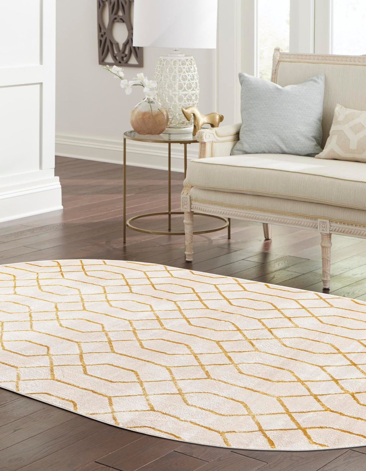 Hollywood Luxe Collection Area Rug - Sunset (White Gold) Oval White Gold  lifestyle 26