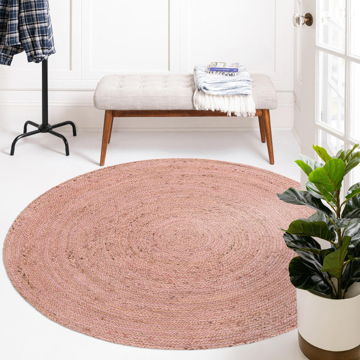 Woven Seaside Jute Collection Area Rug - Savannah (Light Pink) Round Light Pink  lifestyle 135