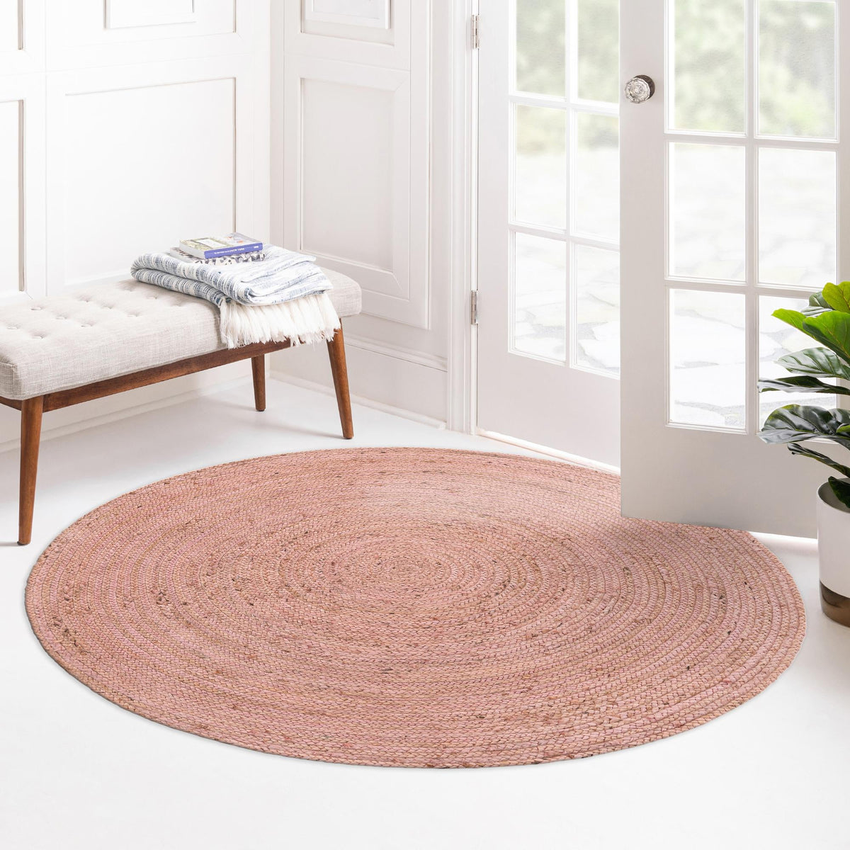 Woven Seaside Jute Collection Area Rug - Savannah (Light Pink) Round Light Pink  lifestyle 138