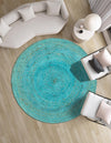 Woven Seaside Jute Collection Area Rug - Savannah (Turquoise) Round Turquoise  lifestyle 53