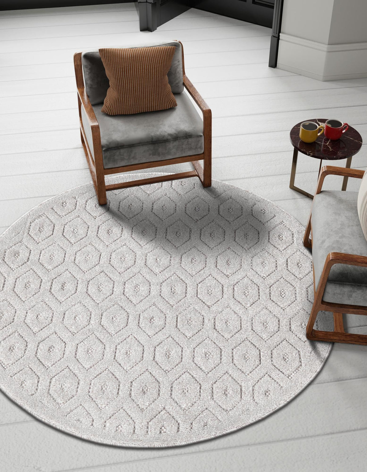 Garden Lattice Charm Collection Area Rug - Arbor (Gray) Round Gray  lifestyle 69