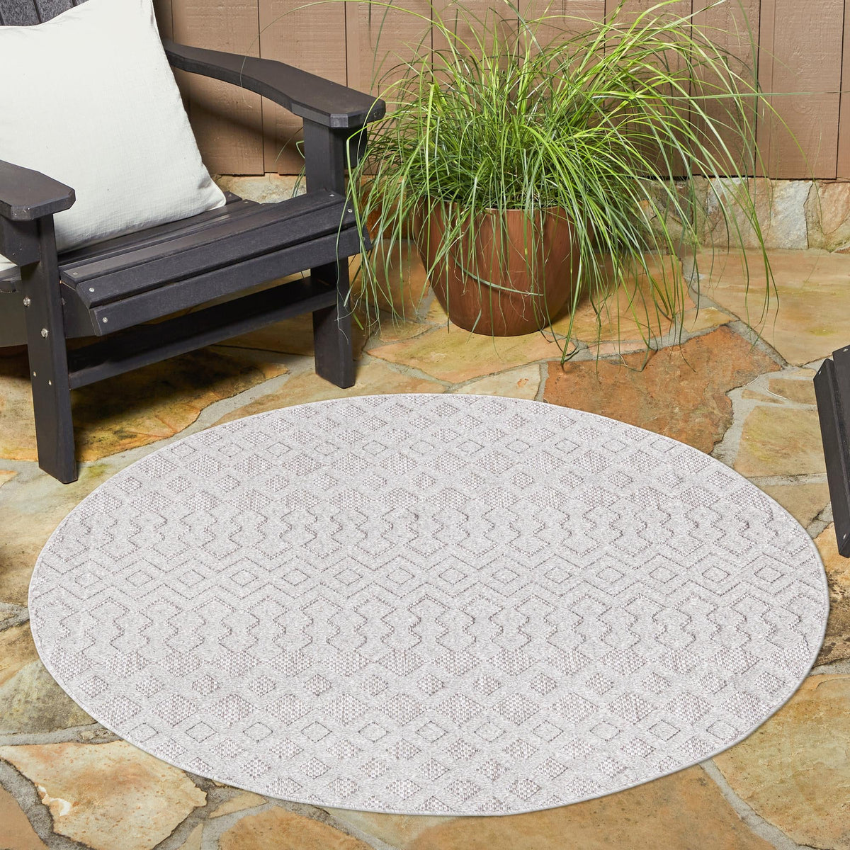Garden Lattice Charm Collection Area Rug -  Pergola (Grey) Round Grey  lifestyle 50