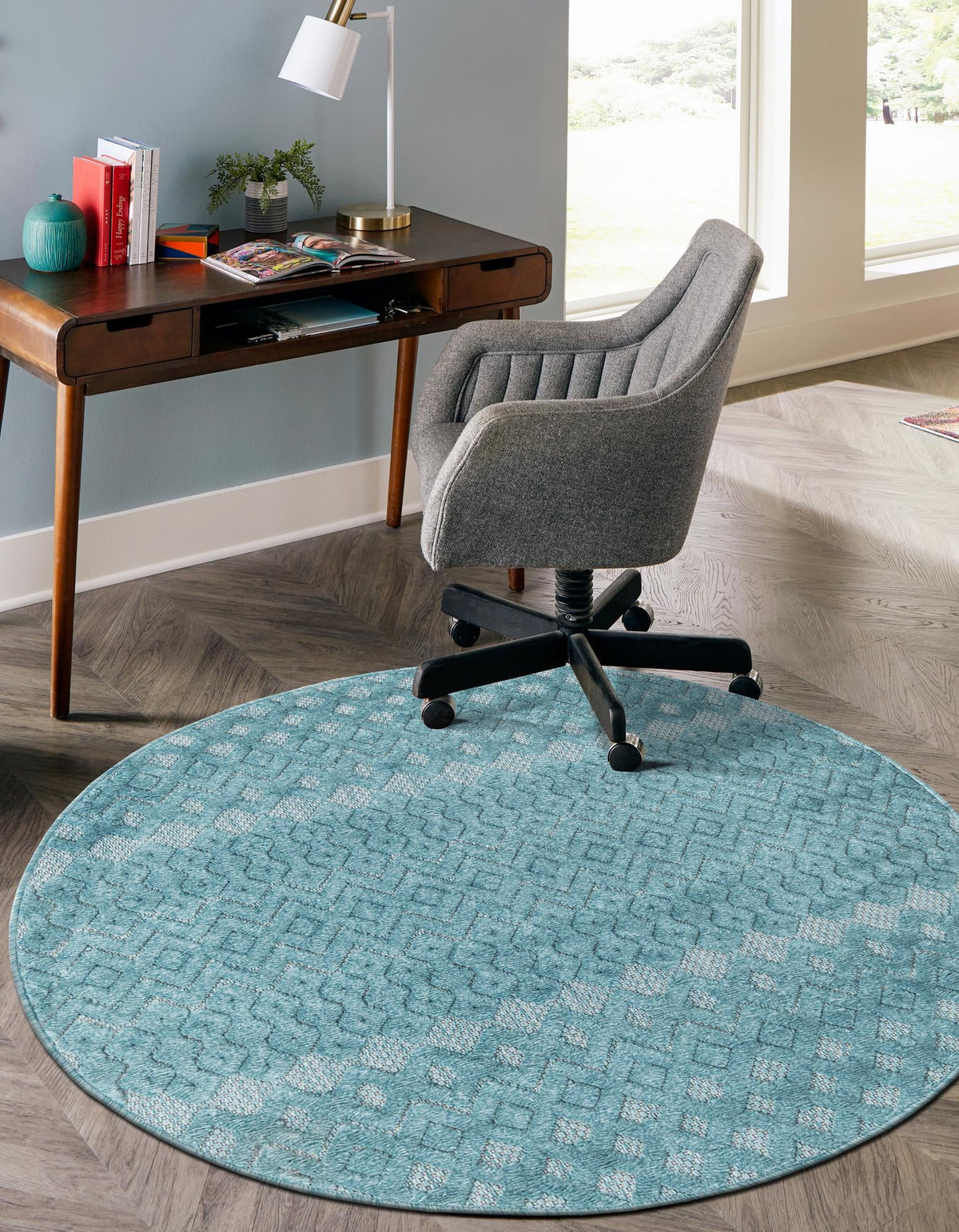 Garden Lattice Charm Collection Area Rug -  Pergola (Aqua) Round Aqua  lifestyle 34