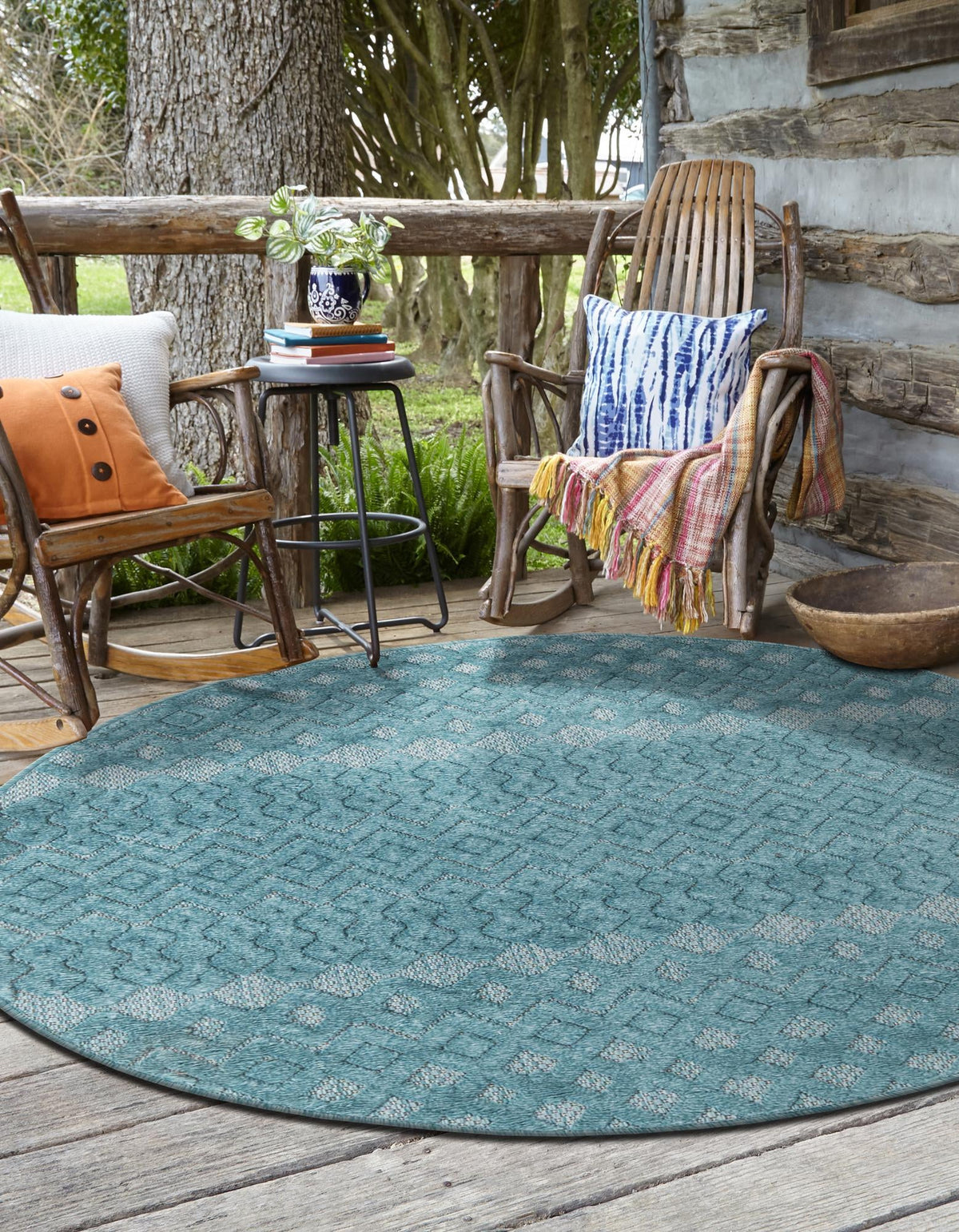 Garden Lattice Charm Collection Area Rug -  Pergola (Aqua) Round Aqua  lifestyle 44