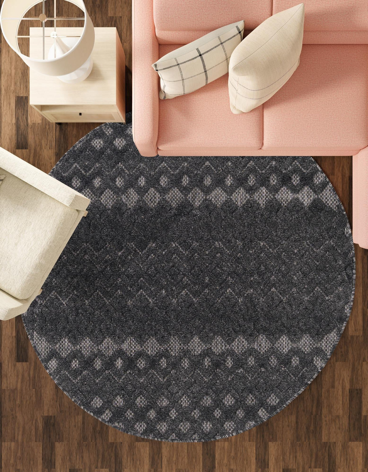 Garden Lattice Charm Collection Area Rug -  Pergola (Charcoal) Round Charcoal  lifestyle 43