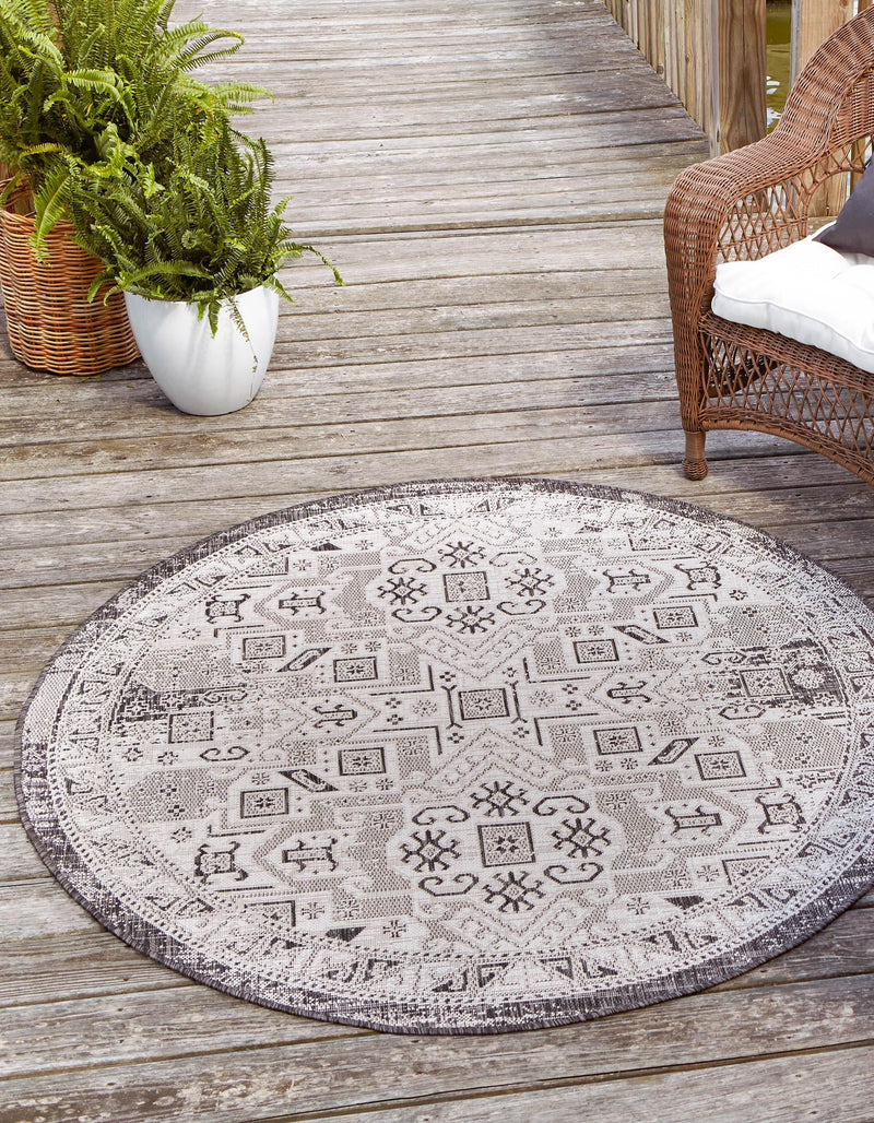 Tribal Terrace Treasures Collection Area Rug - Mayan Marina (Charcoal Gray) Round Charcoal Gray  lifestyle 0