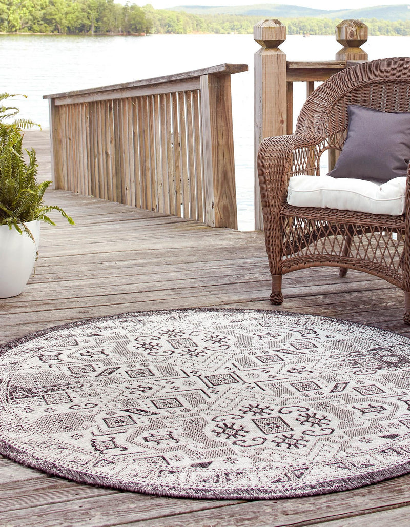 Tribal Terrace Treasures Collection Area Rug - Mayan Marina (Charcoal Gray) Round Charcoal Gray  lifestyle 2