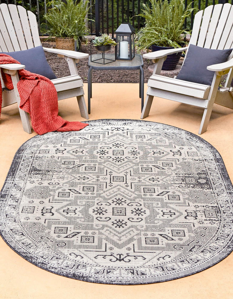 Tribal Terrace Treasures Collection Area Rug - Mayan Marina (Charcoal Gray) Oval Charcoal Gray  lifestyle 0