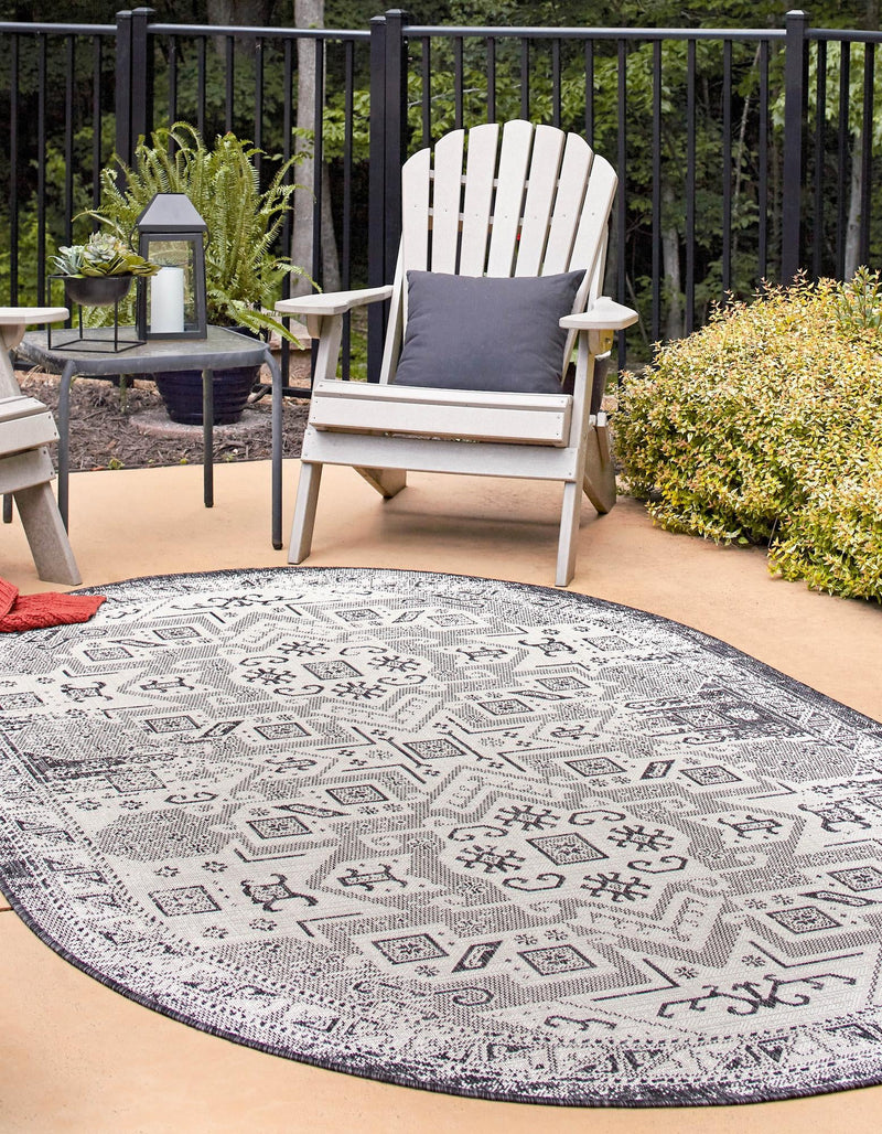 Tribal Terrace Treasures Collection Area Rug - Mayan Marina (Charcoal Gray) Oval Charcoal Gray  lifestyle 2