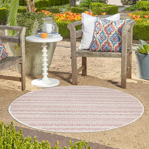 Patio Stripe Harmony Collection Area Rug -  Boardwalk (Red) Round Red  lifestyle 12