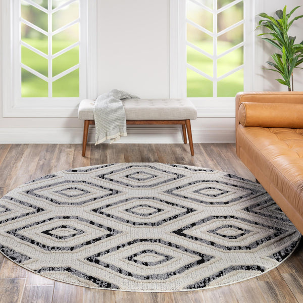 Navajo Sands Collection Area Rug -  CanyonDeChelly Round Black and White  lifestyle 68