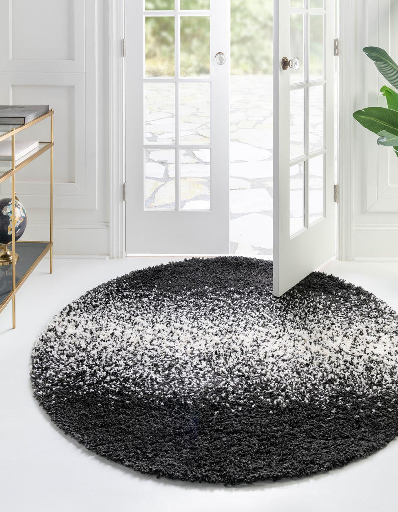 Cozy Cove Shag Collection Area Rug -  Lagoon Round Black and White  lifestyle 49