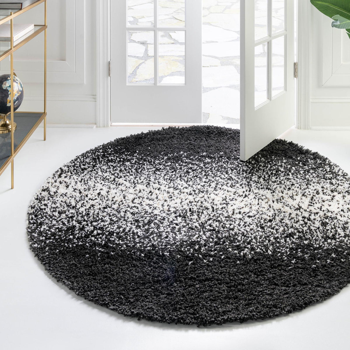 Cozy Cove Shag Collection Area Rug -  Lagoon Round Black and White  lifestyle 84