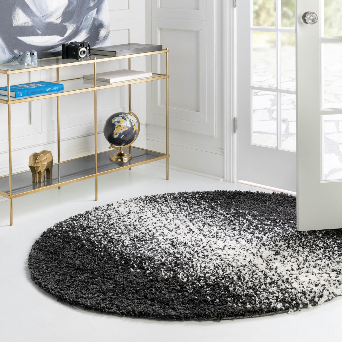 Cozy Cove Shag Collection Area Rug -  Lagoon Round Black and White  lifestyle 86
