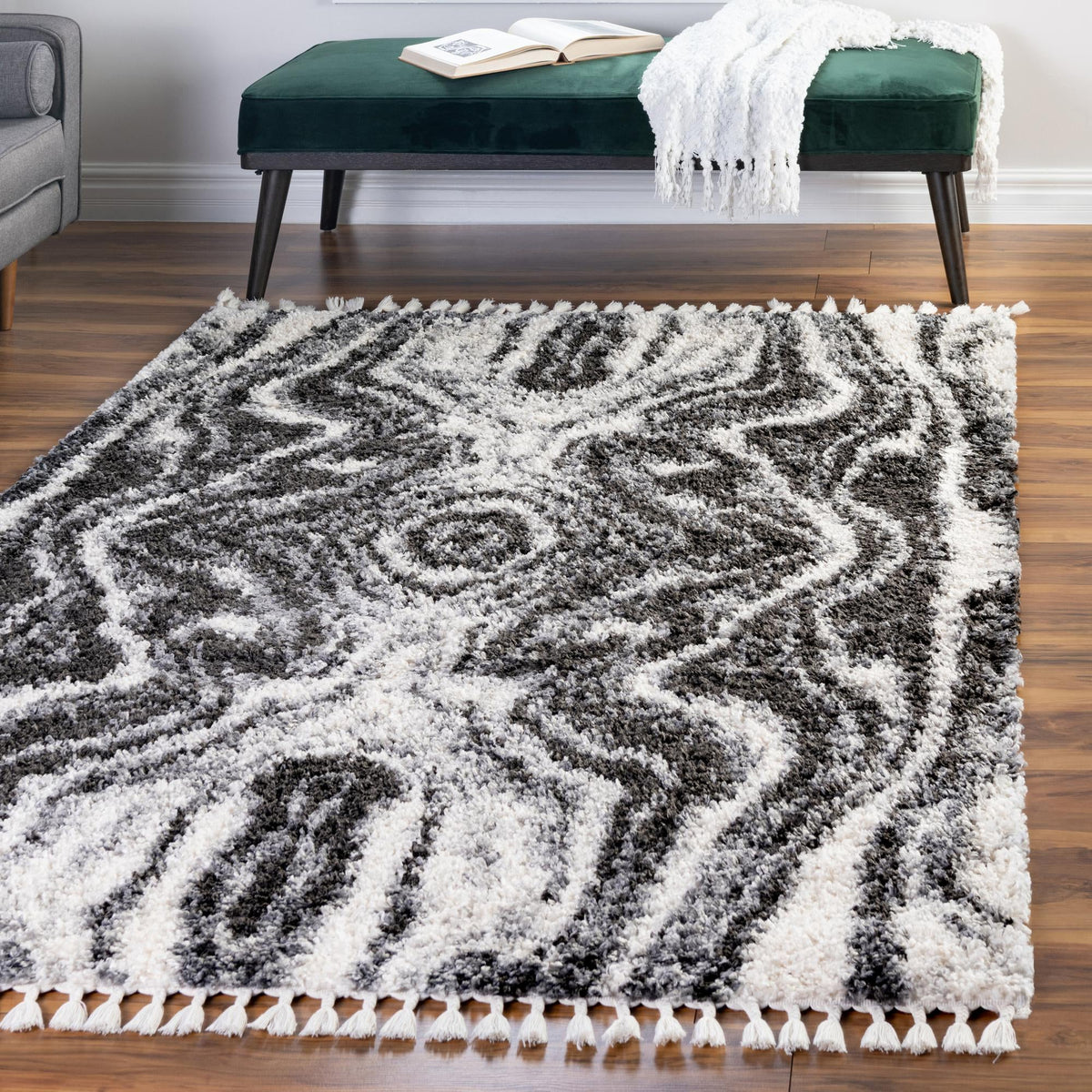 Cozy Cove Shag Collection Area Rug -  Seabreeze Rectangle Black and White  lifestyle 33