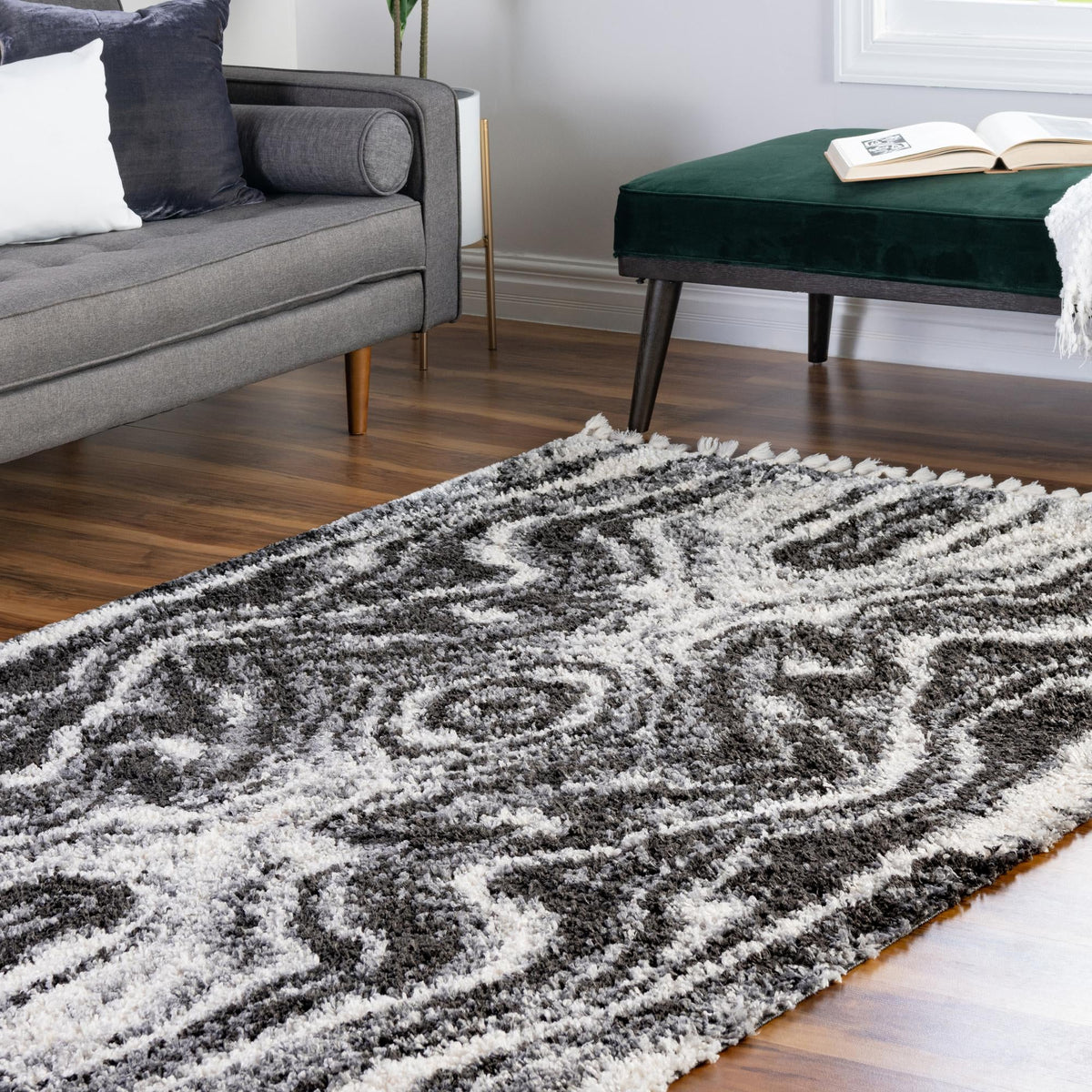 Cozy Cove Shag Collection Area Rug -  Seabreeze Rectangle Black and White  lifestyle 34