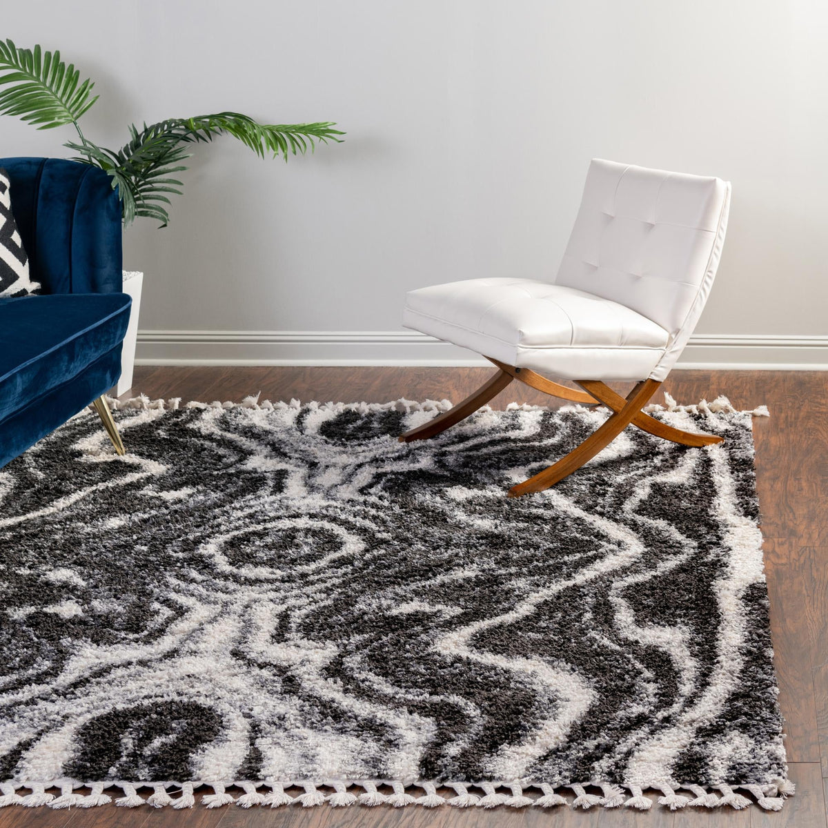 Cozy Cove Shag Collection Area Rug -  Seabreeze Square Black and White  lifestyle 88