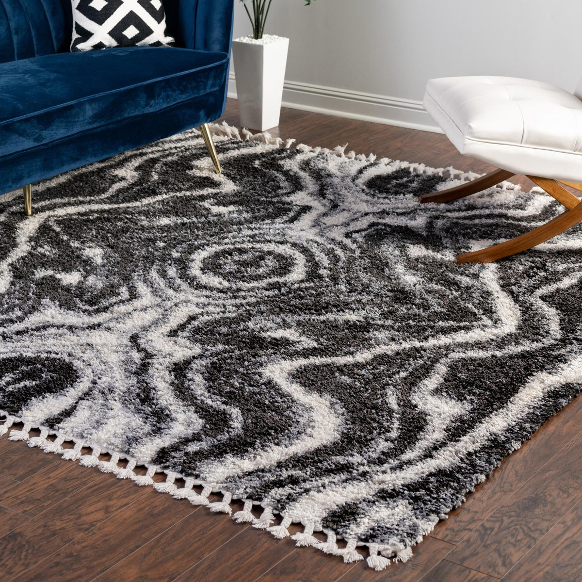 Cozy Cove Shag Collection Area Rug -  Seabreeze Square Black and White  lifestyle 90