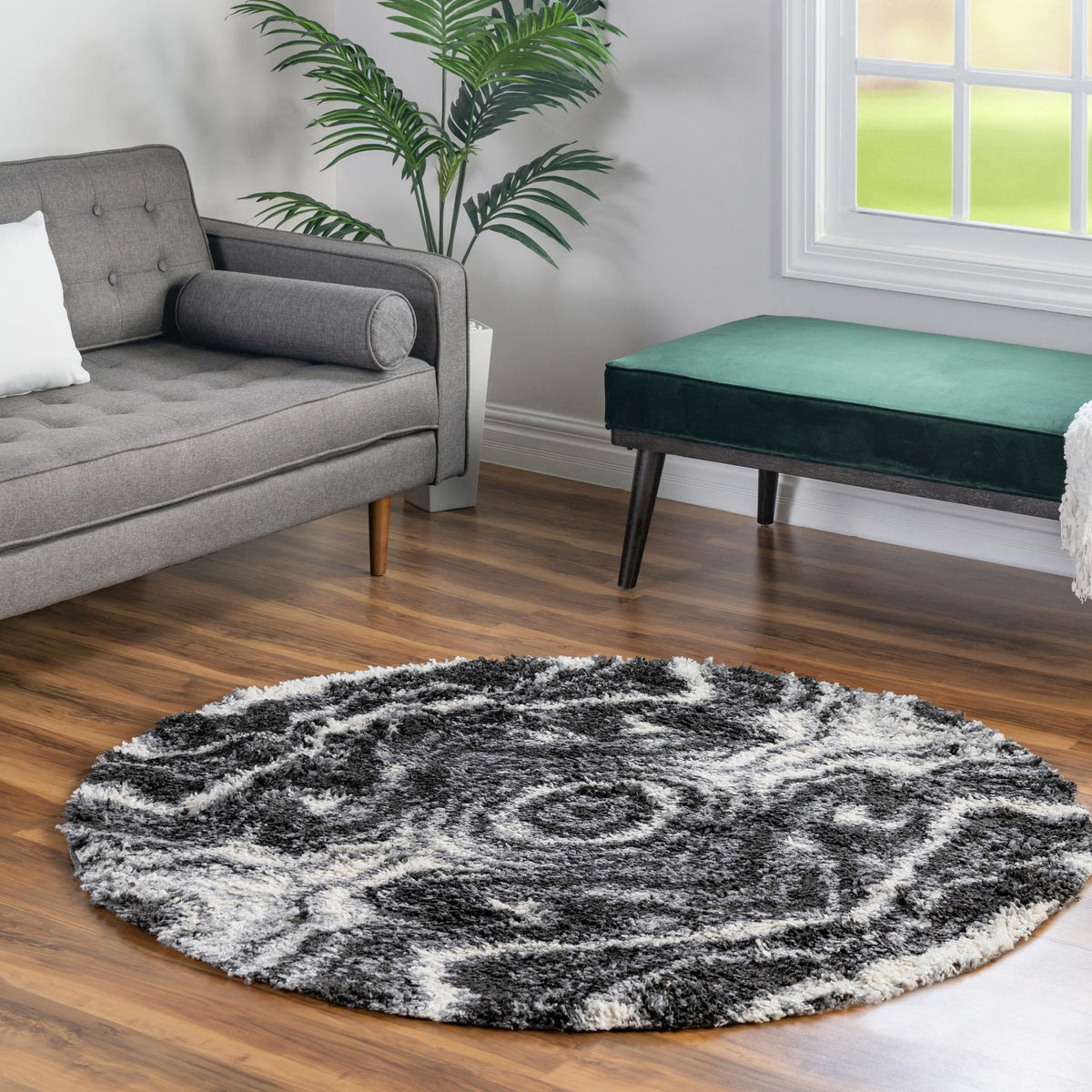 Cozy Cove Shag Collection Area Rug -  Seabreeze Round Black and White  lifestyle 89