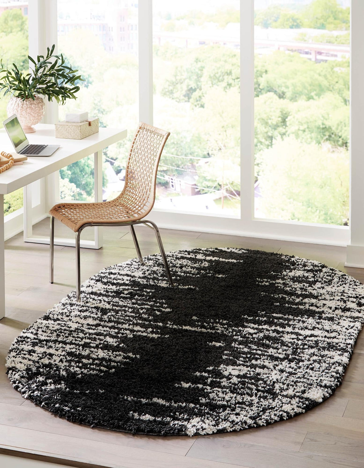Tranquil Tides Shag Collection Area Rug - Marina Oval Black and White  lifestyle 59