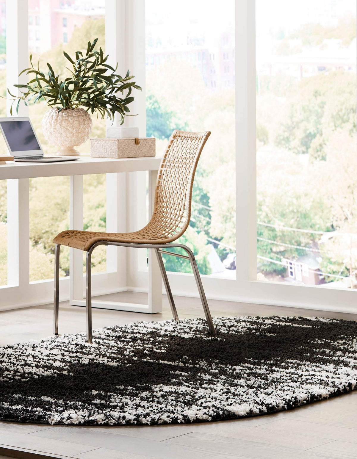 Tranquil Tides Shag Collection Area Rug - Marina Oval Black and White  lifestyle 75