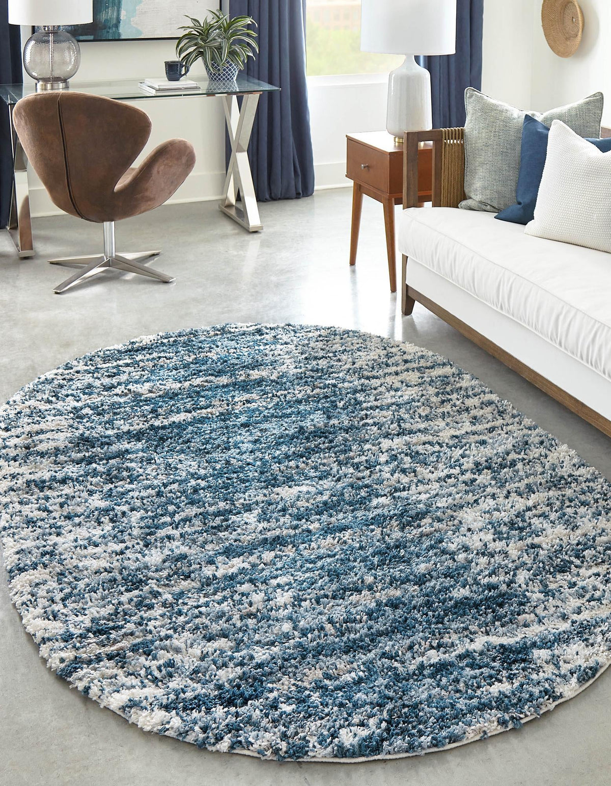 Tranquil Tides Shag Collection Area Rug - Marina Oval Blue  lifestyle 48